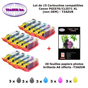 15 cartouches compatibles Canon PGI570 CLI571 XL pour Canon Pixma MG5700 MG5750 MG5751 MG5752 MG5753 -20f A6 brillantes -T3AZUR