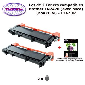 2 Toners compatibles Brother TN2420 pour Brother DCP L2510D, L2530DW, L2550DN (avec puce)-3000 pages-20f A6 brillantes-T3AZUR