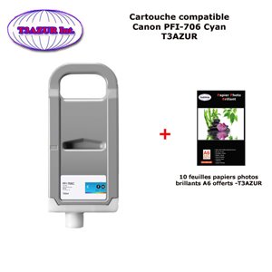 Cartouche compatible Canon  iPF 8400SE, iPF 9400, iPF 9400S, PFI706, PFI306 Cyan +10f PPA6 -T3AZUR