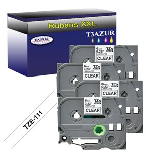 4x Ruban d'étiquettes laminées générique Brother TZe111 - Texte noir sur fond transparent - Largeur 6 mm x 8 mètres