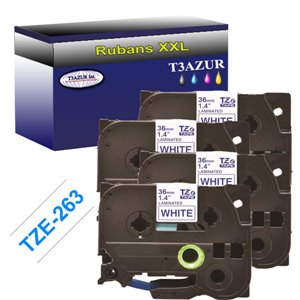 4 x Rubans pour étiquettes laminées générique Brother TZe263 - Texte bleu sur fond blanc - Largeur 36 mm x 8 mètres
