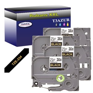 4 x Rubans d'étiquettes laminées générique Brother TZe334 - Texte doré sur fond noir - Largeur 12 mm x 8 mètres