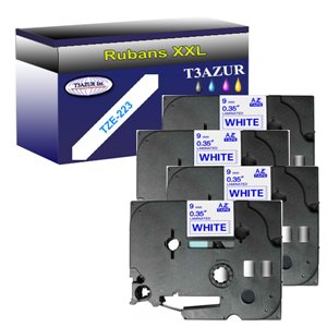 4x Rubans d'étiquettes laminées générique Brother TZe223 - Texte bleu sur fond blanc - Largeur 9 mm x 8 mètres