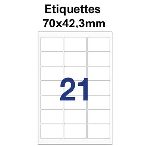 Étiquettes adhésives, 70x42,3mm , (21étiquettes/feuille) - blanc - 20 feuilles