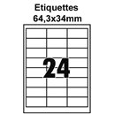 Étiquettes adhésives, 64,3x34mm, (24étiquettes/feuille) - blanc - 20 feuilles
