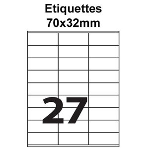 Étiquettes adhésives, 70x32mm, (27étiquettes/feuille) - blanc - 20 feuilles
