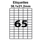 Étiquettes adhésives, 38,1x21,2mm, (65étiquettes/feuille) - blanc - 20 feuilles