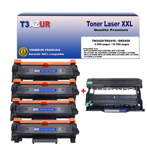 T3AZUR - 4 Toners + Tambour compatible Brother TN2420+DR2400