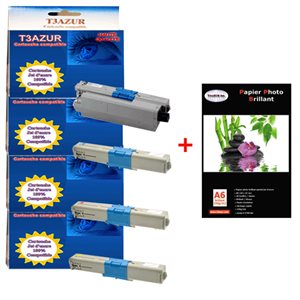 Lot de 4 Toner Laser Compatible OKI C301 / C301DN / C321 / C321DN+ Pack 20 papiers photos A6 230gr